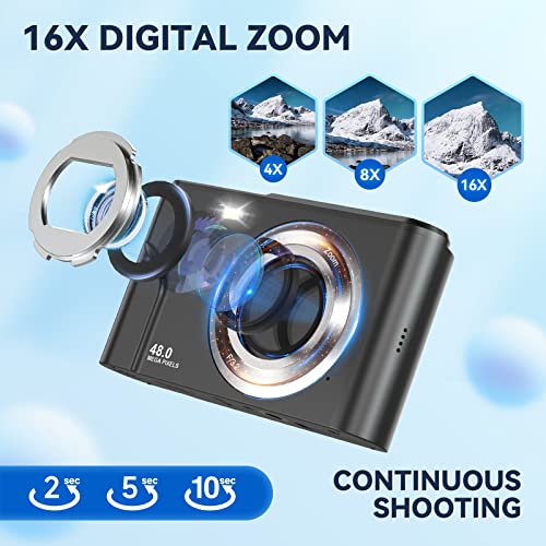 Digital Camera, Bofypoo Autofocus Kids Vlogging Camera FHD 1080P 48MP with 32GB Memory Card, 16X Zoom Point and Shoot Digital Camera, Compact Camera for Teens,Beginners