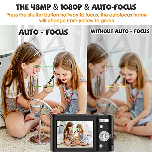 Digital Camera, Bofypoo Autofocus Kids Vlogging Camera FHD 1080P 48MP with 32GB Memory Card, 16X Zoom Point and Shoot Digital Camera, Compact Camera for Teens,Beginners