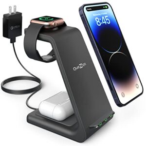 quezqa wireless charging stand – fast wireless charger – 3 in 1 charging station for apple airpods pro 3 2 apple watch ultra 8 7 se 6 5 4 iphone 14 pro max 14 plus 13 12 11 pro max with qc3.0 adapter