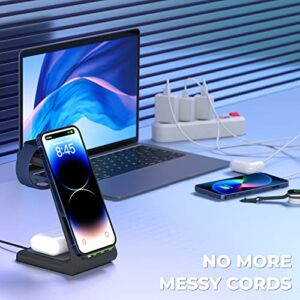 Quezqa Wireless Charging Stand - Fast Wireless Charger - 3 in 1 Charging Station for Apple AirPods Pro 3 2 Apple Watch Ultra 8 7 SE 6 5 4 iPhone 14 Pro Max 14 Plus 13 12 11 Pro Max with QC3.0 Adapter