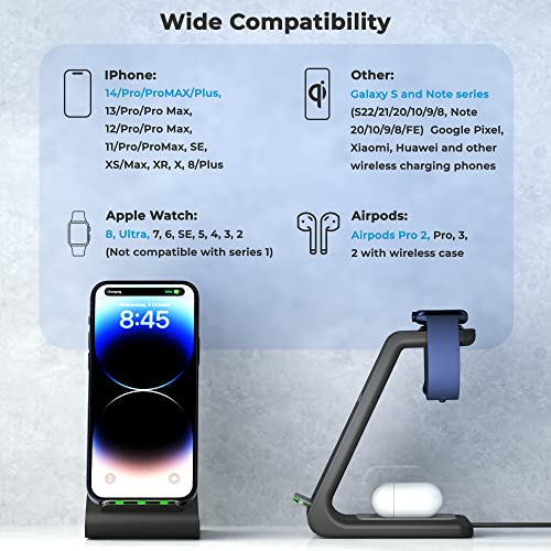 Quezqa Wireless Charging Stand - Fast Wireless Charger - 3 in 1 Charging Station for Apple AirPods Pro 3 2 Apple Watch Ultra 8 7 SE 6 5 4 iPhone 14 Pro Max 14 Plus 13 12 11 Pro Max with QC3.0 Adapter