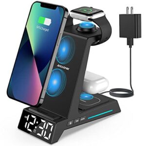 wireless charging station,4 in 1 fast charging station with alarm clock,wireless charger for iphone 13/12/11/pro/max/xr/xs/x/8 plus/samsung, for airpods pro/3/2,apple watch 7/6/5/se/4/3/2,with adapter