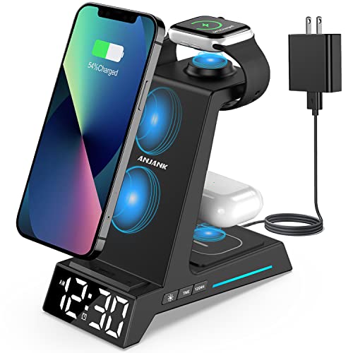 Wireless Charging Station,4 in 1 Fast Charging Station with Alarm Clock,Wireless Charger for iPhone 13/12/11/Pro/Max/XR/XS/X/8 Plus/Samsung, for AirPods Pro/3/2,Apple Watch 7/6/5/SE/4/3/2,with Adapter