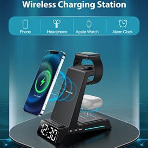 Wireless Charging Station,4 in 1 Fast Charging Station with Alarm Clock,Wireless Charger for iPhone 13/12/11/Pro/Max/XR/XS/X/8 Plus/Samsung, for AirPods Pro/3/2,Apple Watch 7/6/5/SE/4/3/2,with Adapter