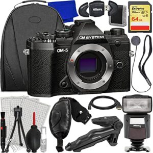 ultimaxx advanced om-5 mirrorless camera (black – body only) bundle – includes: 64gb extreme memory card, universal speedlite with led video light, tabletop 6.5” tripod & much more (21pc bundle)