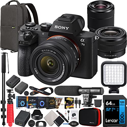 Sony a7 II Full Frame Mirrorless Camera Body with 2 Lens Kit FE 28-60mm F4-5.6 + 28-70mm F3.5-5.6 ILCE-7M2K/B + SEL2860 Bundle w/Deco Gear Backpack + Monopod + Extra Battery, LED and Accessories