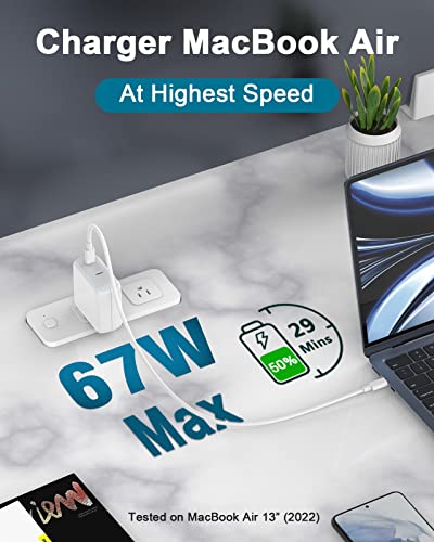 67W Dual USB-C Charger for MacBook Air, Mac Pro 13" (2023-2018), iPad Pro/Air/Mini, Type C Power Supply, LED, Foldable Plug, 6.6ft USB-C Charging Cable