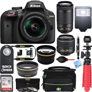 nikon d3400 24.2mp dslr camera w/af-p 18-55 vr & af-p dx 70-300mm vr dual lens accessory bundle – (renewed) (black)