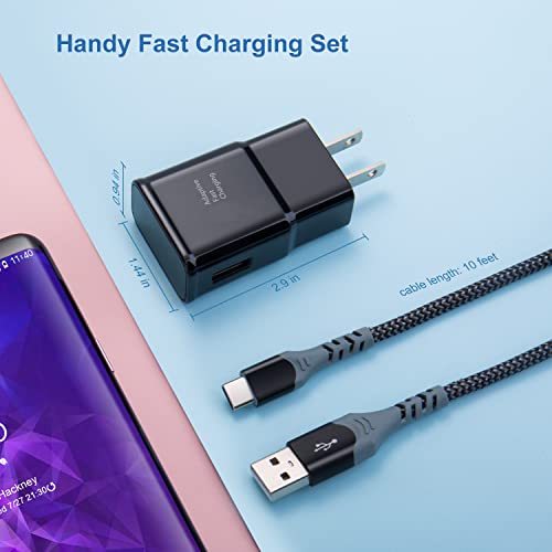 Adaptive Fast Charging Wall Charger with USB C Cable 10Ft, Excgood Fast Charger Power Adapter USB Type C Cable Fast Charging Compatible with Samsung Galaxy S23 S22 S21 S8 S9 S10 A13 A12 A03s-Black