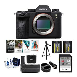 sony alpha a9 ii full-frame mirrorless camera body bundle with tripod, battery grip, 64 sd card, cleaning kit, two-pack rechargeable battery, and dual charger, case, and art suite (8 items)