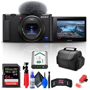 sony zv-1 digital camera (black) (dczv1/b) + 64gb memory card + card reader + deluxe soft bag + flex tripod + memory wallet + cleaning kit