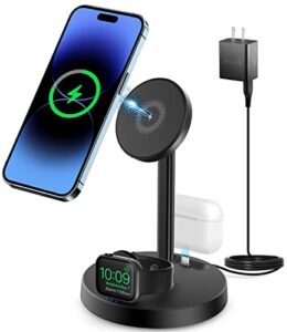 mag-safe 3 in 1 wireless charging station, 15w fast magnetic wireless charger stand for iphone 14/13/12pro/pro max/mini/plus, apple watch ultra/8/7/6/se/5/4/3/2, airpods 3/2/1/pro with qc3.0 adapter
