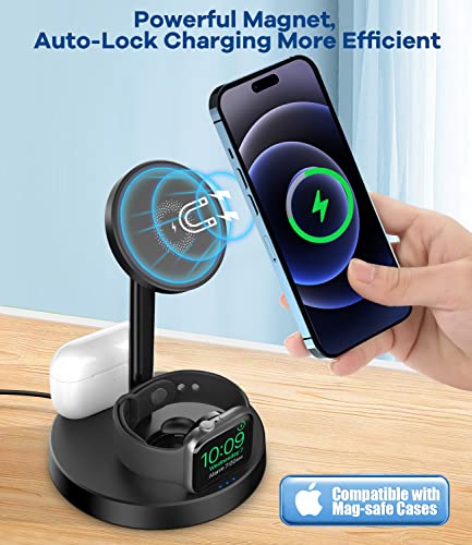 Mag-Safe 3 in 1 Wireless Charging Station, 15W Fast Magnetic Wireless Charger Stand for iPhone 14/13/12Pro/Pro Max/Mini/Plus, Apple Watch Ultra/8/7/6/SE/5/4/3/2, Airpods 3/2/1/Pro with QC3.0 Adapter