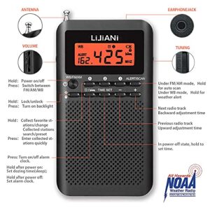 NOAA Weather AM FM Radio Portable Battery Operated by 2 AA Batteries with Stereo Earphone, LCD Display Digital Alarm Clock Sleep Timer,Best Reception,Built in Speaker Best Sound Quality(Black)