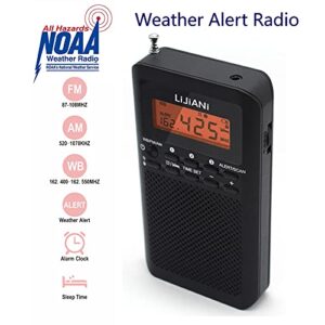 NOAA Weather AM FM Radio Portable Battery Operated by 2 AA Batteries with Stereo Earphone, LCD Display Digital Alarm Clock Sleep Timer,Best Reception,Built in Speaker Best Sound Quality(Black)