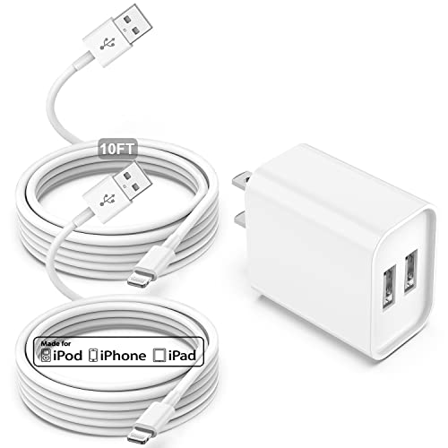 [Apple MFi Certified] iPhone Charger with Block 10 ft Cable, USB Wall Charger and Long 10 Feet Lightning Cord, 12W 2 Ports Charging Plug Block Box for iPhone 12/11/XR/X/Xs/Xr/8/7/6/6s Plus/SE/5c/iPad