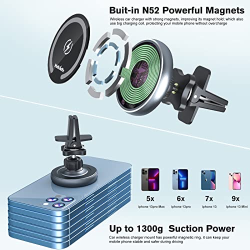Magnetic Wireless Car Charger for Magsafe Mount iPhone 14 13 12 Pro Max Fast Charging Car Air Vent Strong Suction Cup Dashboard/Windshield Auto-Alignment Strong Magnets Phone Holder (Aluminum Shell )