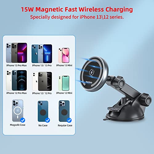 Magnetic Wireless Car Charger for Magsafe Mount iPhone 14 13 12 Pro Max Fast Charging Car Air Vent Strong Suction Cup Dashboard/Windshield Auto-Alignment Strong Magnets Phone Holder (Aluminum Shell )