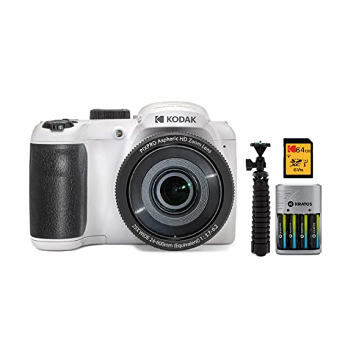 Kodak PIXPRO AZ255 Astro Zoom 16MP Digital Camera (White) Bundle with 64GB Memory Card, 10-Inch Spider Tripod, 4-Pack Rechargeable Batteries and Rapid Travel Charger (4 Items)