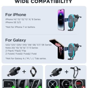 Wireless Car Charger Mount, 15W Dual Coil Car Phone Holder Mount Wireless Charging for iPhone 14/13/12/11/X/8 Series, Auto Clamping Wireless Charging Car Mount for Galaxy Z Flip 4/3 S22/S21 Note 20/10