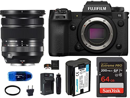 Fujifilm X-H2S Digital Camera with XF 16-80mm f/4 R OIS WR Lens Bundle, Includes: SanDisk 64GB Extreme PRO SDXC Memory Card, Spare Battery and More (8 Items)