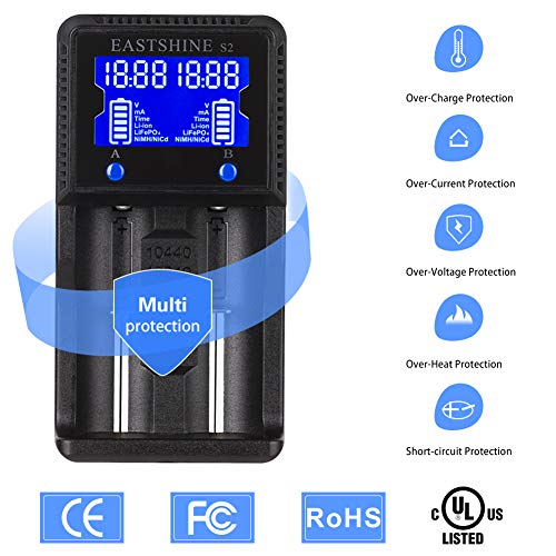 Universal Battery Charger EASTSHINE S2 LCD Display Speedy Smart Charger for Rechargeable Batteries Ni-MH Ni-Cd AA AAA Li-ion LiFePO4 IMR 10440 14500 16340 18650 RCR123 26650 18500 17670 & Car Adapter