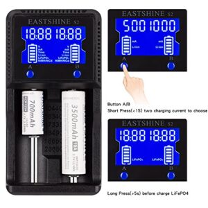 Universal Battery Charger EASTSHINE S2 LCD Display Speedy Smart Charger for Rechargeable Batteries Ni-MH Ni-Cd AA AAA Li-ion LiFePO4 IMR 10440 14500 16340 18650 RCR123 26650 18500 17670 & Car Adapter