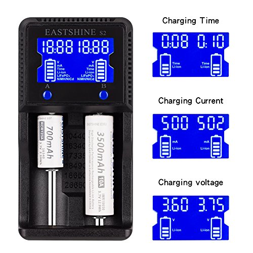 Universal Battery Charger EASTSHINE S2 LCD Display Speedy Smart Charger for Rechargeable Batteries Ni-MH Ni-Cd AA AAA Li-ion LiFePO4 IMR 10440 14500 16340 18650 RCR123 26650 18500 17670 & Car Adapter