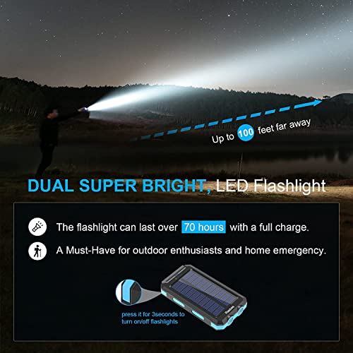 Solar Charger, 20000mAh Portable Solar Power Bank IPX5 Waterproof with Built-in Solar Panel Charger and LED Flashlight, Solar Phone Charger Battery Pack for All CellPhones.