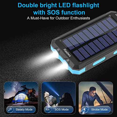 Solar Charger, 20000mAh Portable Solar Power Bank IPX5 Waterproof with Built-in Solar Panel Charger and LED Flashlight, Solar Phone Charger Battery Pack for All CellPhones.