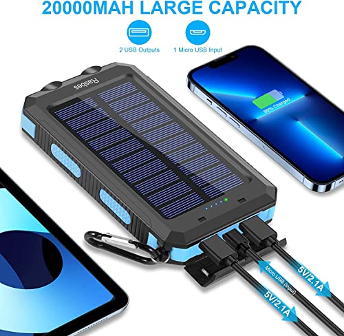 Solar Charger, 20000mAh Portable Solar Power Bank IPX5 Waterproof with Built-in Solar Panel Charger and LED Flashlight, Solar Phone Charger Battery Pack for All CellPhones.