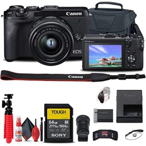 canon eos m6 mark ii mirrorless digital camera with 15-45mm lens and evf-dc2 viewfinder (black) (3611c011), 64gb tough card, case, flex tripod, hand strap, cap keeper, memory wallet + more (renewed)