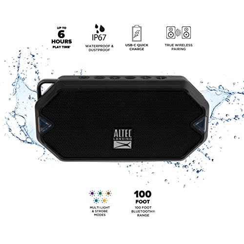 Altec Lansing HydraMini Wireless Bluetooth Speaker, IP67 Waterproof USB C Rechargeable Battery with 6 Hours Playtime, Compact, Shockproof, Snowproof, Everything Proof (Black)