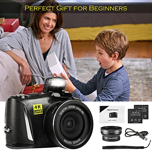 Digital Camera with Macro & Wide Angle Lens 48MP 4K Full HD Vlogging Camera for YouTube 3.0 Inch Screen Compact Camera for Beginners Teens Photography with Two Rechargeable Batteries