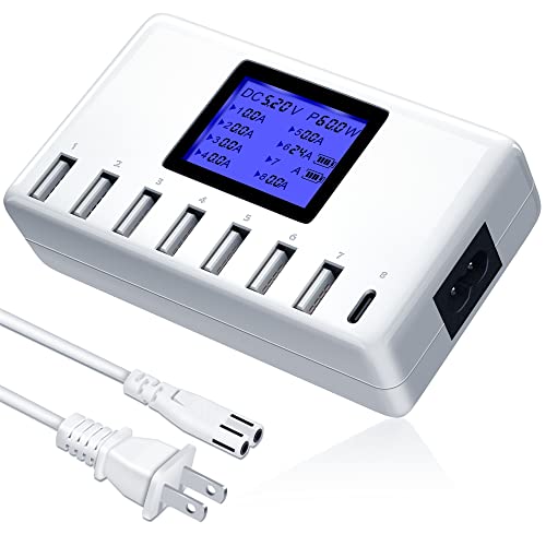 USB C Charging Station, Desktop Smart Multi Port USB Charging Station with LCD Display for Multiple Devices, 8 Ports 60W/12A USB Charger Station for iPad iPhone Android Phone and Tablet (White)