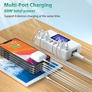 USB C Charging Station, Desktop Smart Multi Port USB Charging Station with LCD Display for Multiple Devices, 8 Ports 60W/12A USB Charger Station for iPad iPhone Android Phone and Tablet (White)