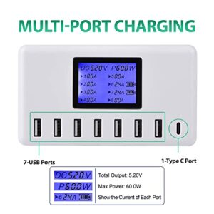 USB C Charging Station, Desktop Smart Multi Port USB Charging Station with LCD Display for Multiple Devices, 8 Ports 60W/12A USB Charger Station for iPad iPhone Android Phone and Tablet (White)