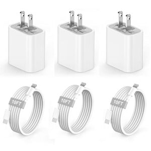 [apple mfi certified] 3 pack iphone 14 13 fast charger,20w pd usb c wall charger adapter with 3 pack 10ft type c to lightning cable for iphone 14/13/pro max/12/mini/11/se/xs/xr/x/8 and more-white