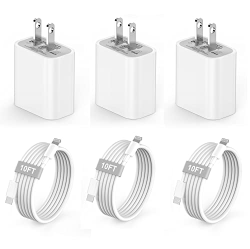 [Apple MFi Certified] 3 Pack iPhone 14 13 Fast Charger,20W PD USB C Wall Charger Adapter with 3 Pack 10FT Type C to Lightning Cable for iPhone 14/13/Pro Max/12/Mini/11/SE/XS/XR/X/8 and More-White