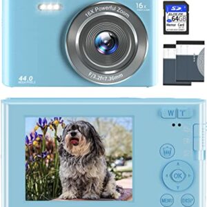 Digital Camera 4K 44MP Compact Point and Shoot Camera with 16X Digital Zoom 32GB SD Card,Kids Camera 2.4 Inch, Vlogging Camera for Teens Students Boys Girls Seniors(Blue2)