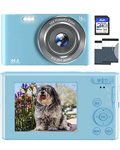 Digital Camera 4K 44MP Compact Point and Shoot Camera with 16X Digital Zoom 32GB SD Card,Kids Camera 2.4 Inch, Vlogging Camera for Teens Students Boys Girls Seniors(Blue2)