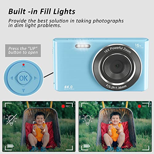 Digital Camera 4K 44MP Compact Point and Shoot Camera with 16X Digital Zoom 32GB SD Card,Kids Camera 2.4 Inch, Vlogging Camera for Teens Students Boys Girls Seniors(Blue2)