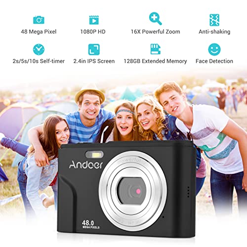 CalmGeek Portable Digital Camera 48MP 1080P 2.4-inch IPS Screen 16X Zoom Auto Focus Self-Timer 128GB Extended Memory Face Detection -Shaking with 2pcs Batteries Hand Strap Carry Pouch