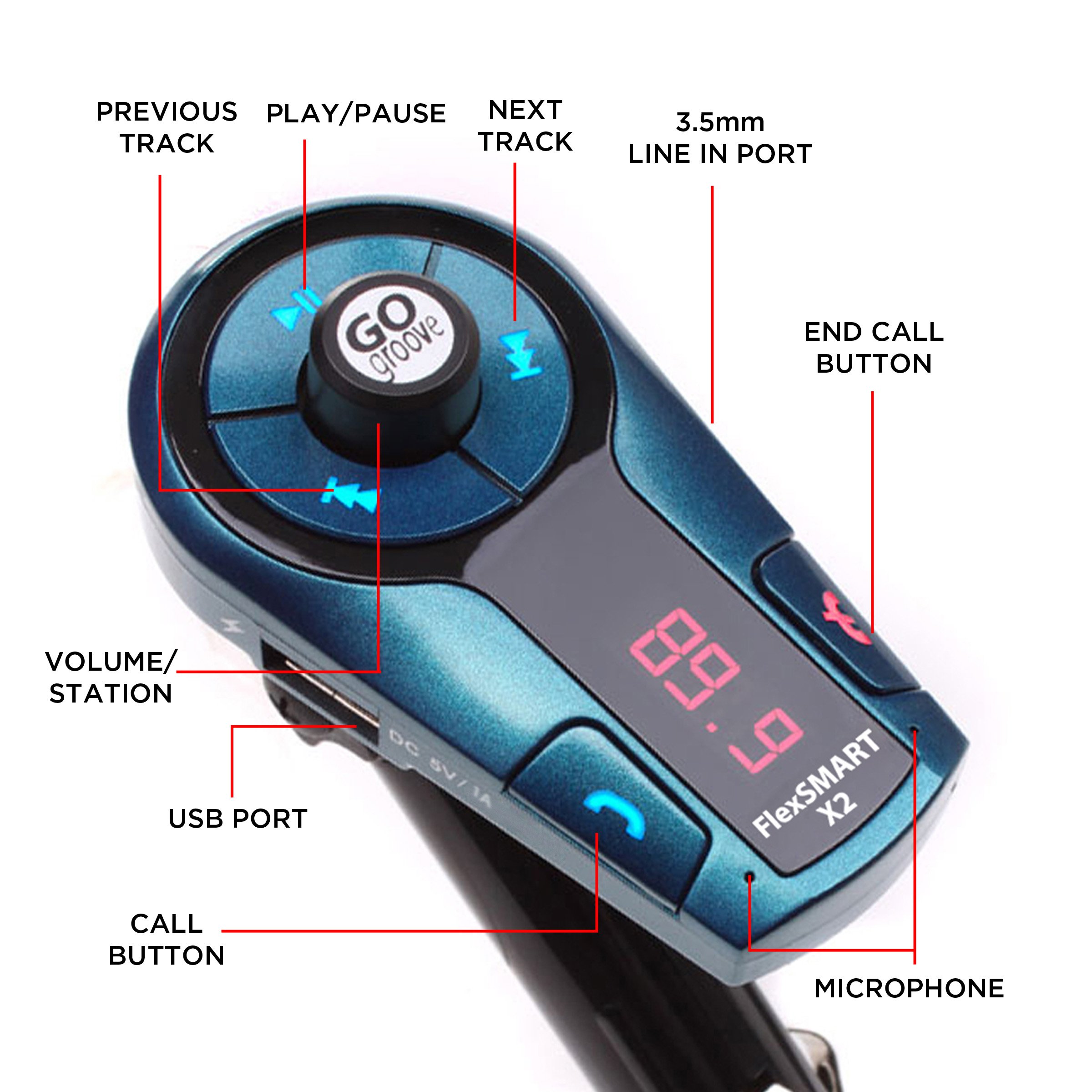 GOgroove FlexSMART X2 Mini Bluetooth FM Transmitter Radio Adapter Car Kit, USB Charging, Hands Free Calling, Music Controls, AUX Input – Compatible with MP3 Players, iPhone, Samsung, and More Devices