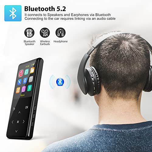 MP3 Player, 64GB MP3 Players with Bluetooth 5.2 Supports Lossless Music to Restore High-Fidelity Sound Quality, with FM, Support Recording, Includes arm Strap and Player Case, Easy to Carry, Black.