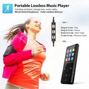 MP3 Player, 64GB MP3 Players with Bluetooth 5.2 Supports Lossless Music to Restore High-Fidelity Sound Quality, with FM, Support Recording, Includes arm Strap and Player Case, Easy to Carry, Black.