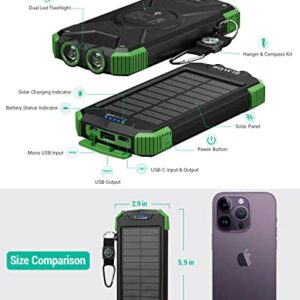 BLAVOR Solar Charger Power Bank, Qi Wireless Charger 10,000mAh External Battery Pack Type C Input Output Dual Super Bright Flashlight, Compass Carabiner, Solar Panel Charging(Dark Green)