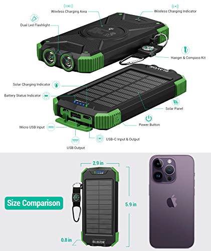 BLAVOR Solar Charger Power Bank, Qi Wireless Charger 10,000mAh External Battery Pack Type C Input Output Dual Super Bright Flashlight, Compass Carabiner, Solar Panel Charging(Dark Green)