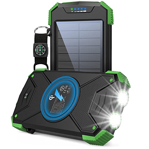 BLAVOR Solar Charger Power Bank, Qi Wireless Charger 10,000mAh External Battery Pack Type C Input Output Dual Super Bright Flashlight, Compass Carabiner, Solar Panel Charging(Dark Green)