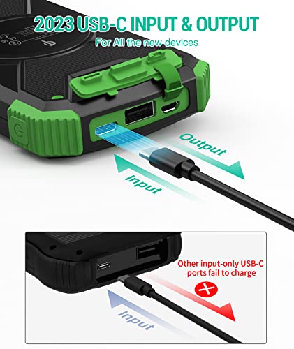 BLAVOR Solar Charger Power Bank, Qi Wireless Charger 10,000mAh External Battery Pack Type C Input Output Dual Super Bright Flashlight, Compass Carabiner, Solar Panel Charging(Dark Green)